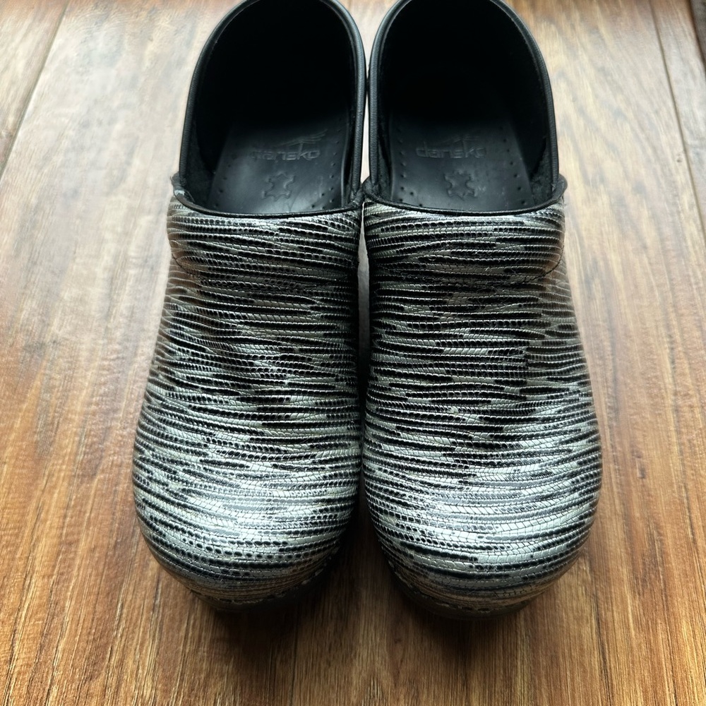 Dansko Black and Silver Clogs